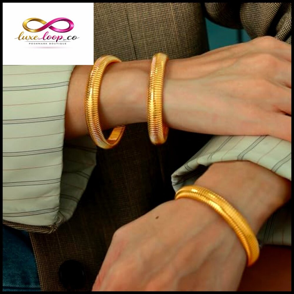 Chunky Gold Bangle Bracelet Set Stackable Stretch… - image 5